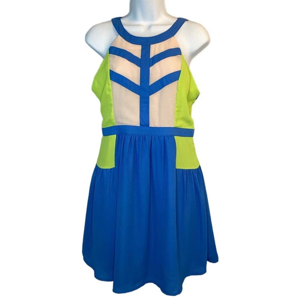 DejaVu Neon Fit‎ & Flare Halter Mini Dress Size M Zipper Geometric Blue Green